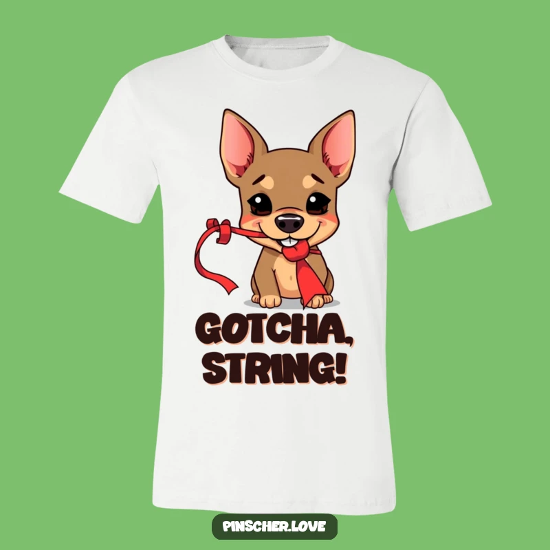 Funny Pinscher T-Shirt - Mischievous Dog Steals Red Ribbon - Humorous Gift
