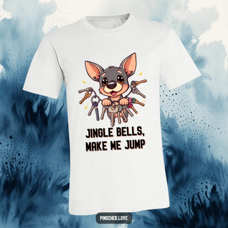 Funny Pinscher dog leaping backward in surprise from a vigorously jingling set of keys, on a t-shirt.