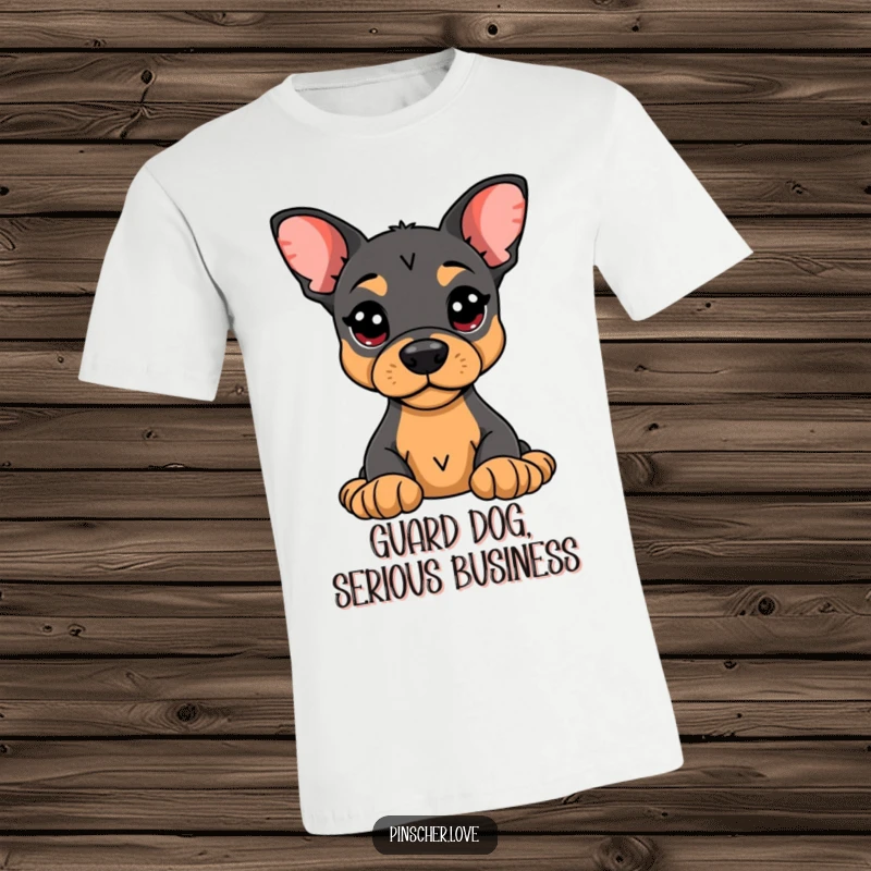 Funny Pinscher T-Shirt: An alert Pinscher fiercely guards a plush toy, embodying loyalty and humorous protectiveness.
