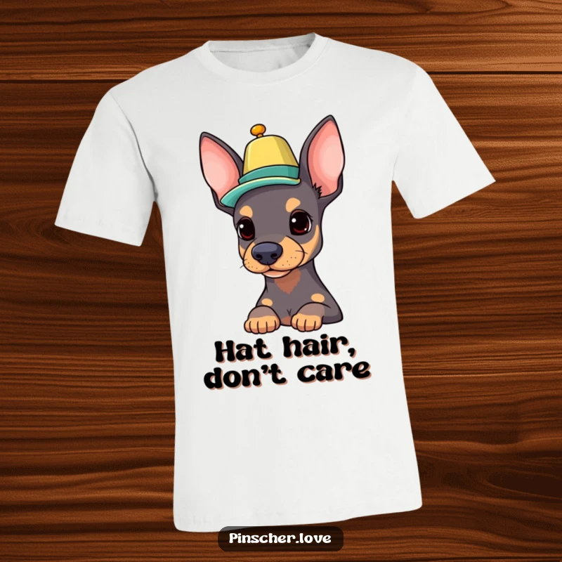 Funny Pinscher t-shirt depicting a proud dog character skillfully balancing a colorful hat on its nose with a confident expression.