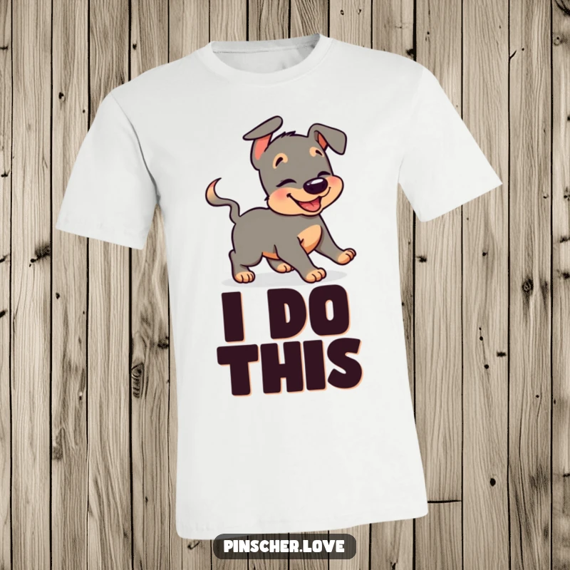 Funny pinscher t-shirt showing a giggling dog in mid-chase, joyfully pursuing its wagging tail in a comical loop.