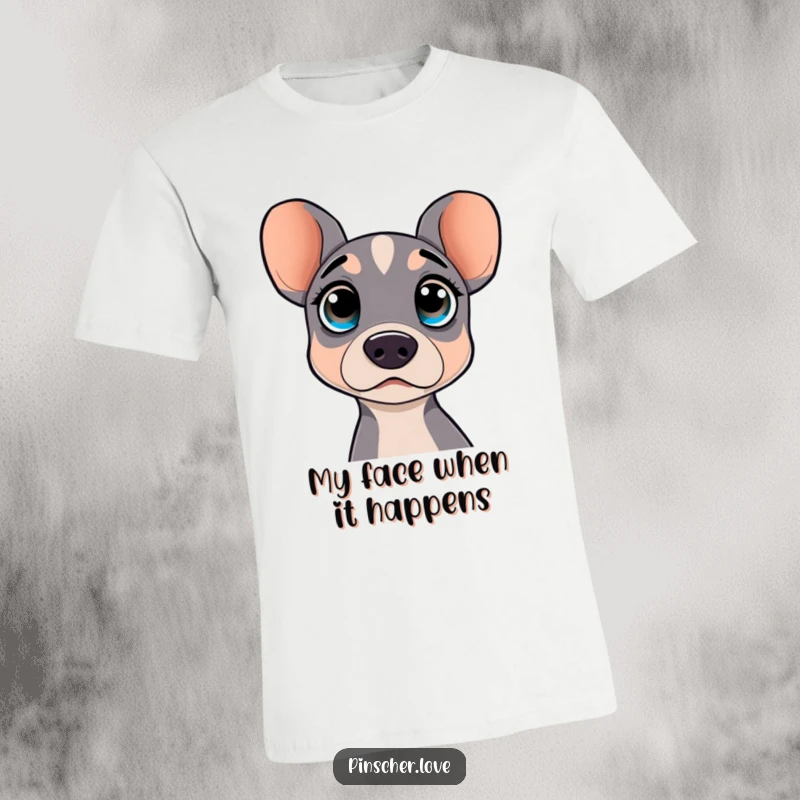 Funny t-shirt with a surprised pinscher dog showing wide, curious eyes, perfect for expressing a shocked reaction. Great for pet owners.