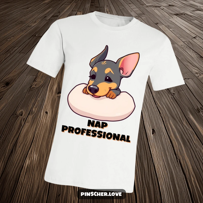 Funny t-shirt with a Pinscher resting its chin on a soft cushion, captured in a moment of contented sigh.