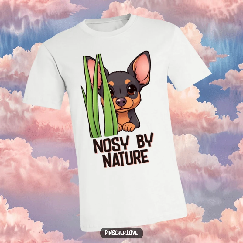 Funny curious pinscher t-shirt featuring a small dog peering from behind tall grass with a look of wonder. Peek-a-boo humor.