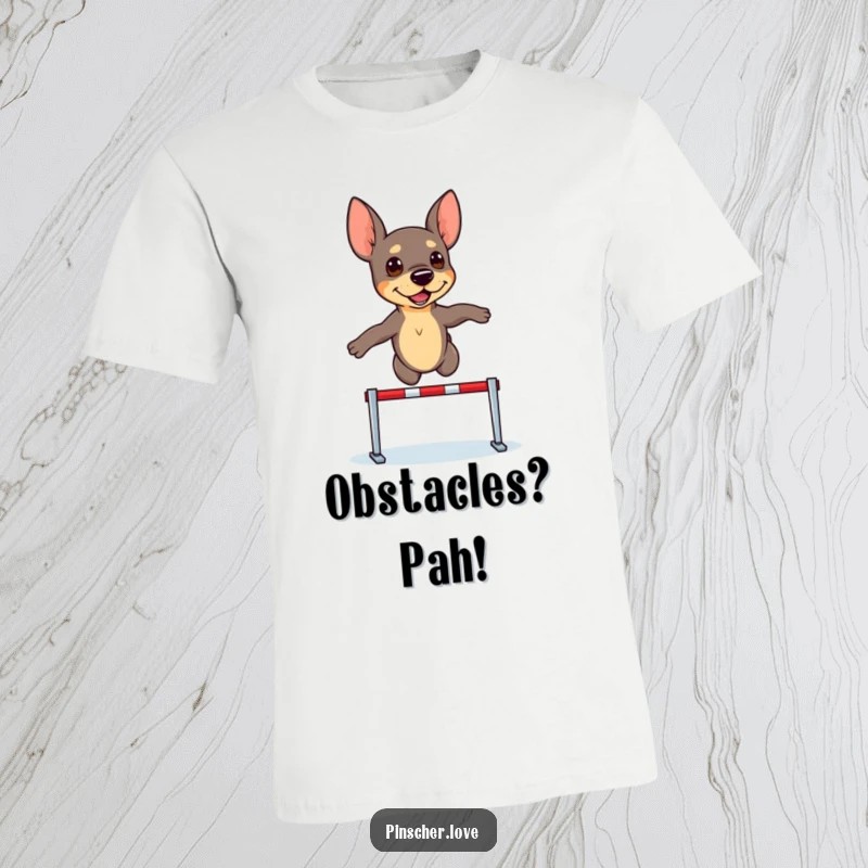 Funny Pinscher T-Shirt: A focused pinscher dog executes a perfect jump over a tiny hurdle, displaying impressive determination.
