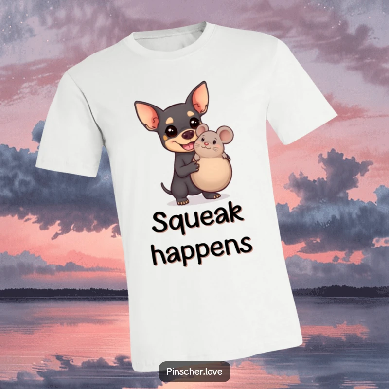 Funny Pinscher t-shirt showing a joyful dog's big smile while clutching a comically large squeaky mouse toy.