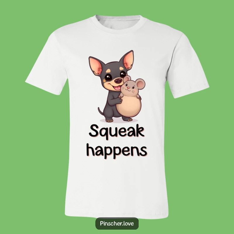 Funny Pinscher T-Shirt - Happy Dog with Giant Squeaky Mouse - Humorous Gift Idea