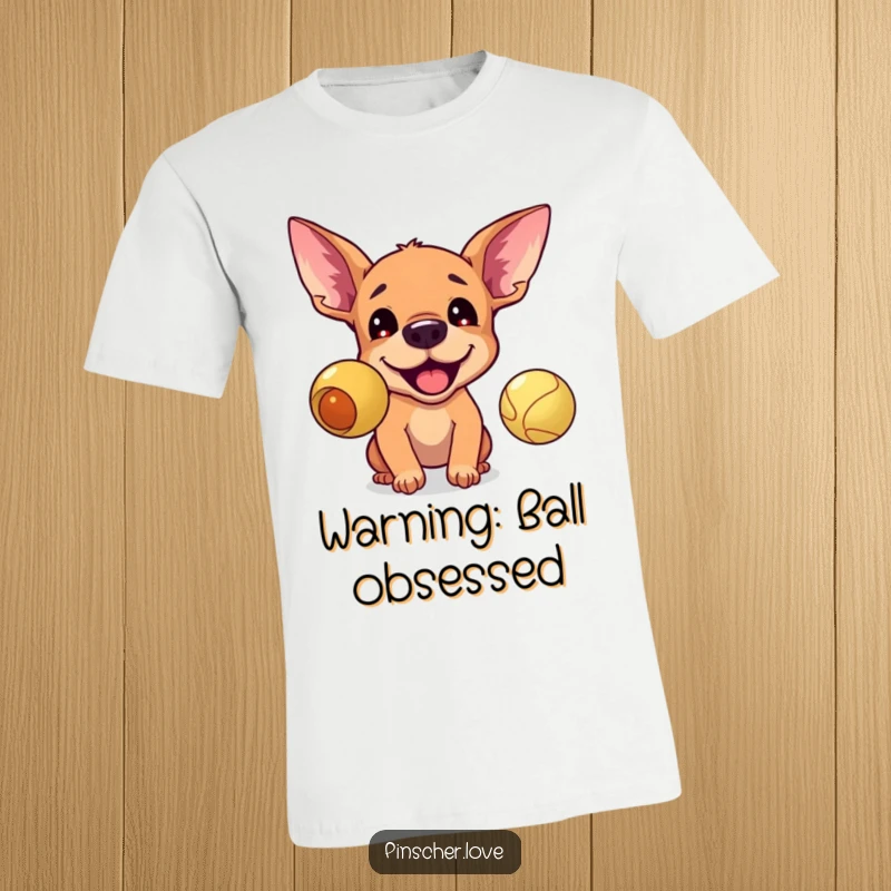Funny t-shirt featuring a hyper pinscher with alert ears, barking enthusiastically at a bouncing ball, capturing pure canine excitement.