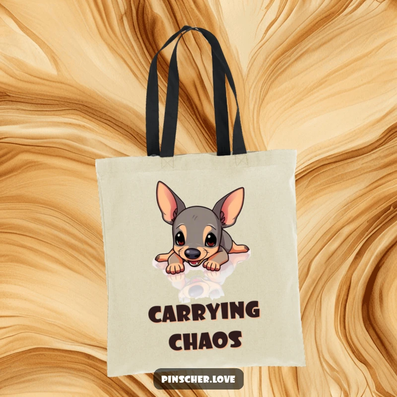 Funny Pinscher tote bag featuring a Pinscher dog caught in a comical slip on a very shiny, slick, polished surface.