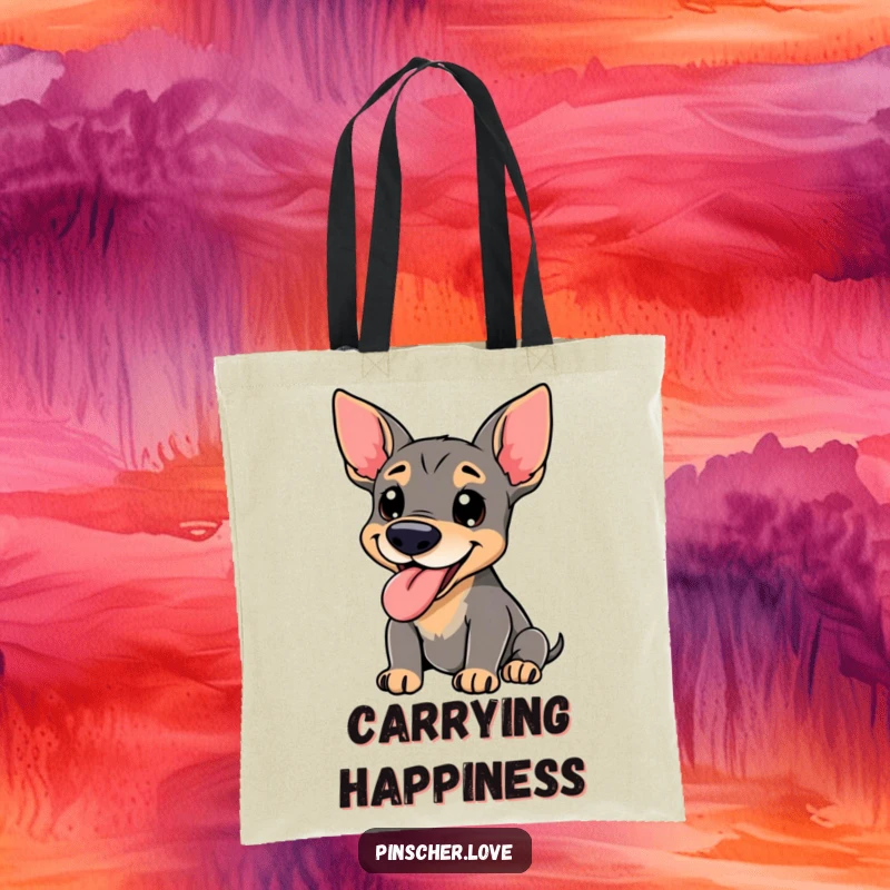 Funny Pinscher Tote Bag - A happy pinscher dog panting with its tongue lolling out, ready for errands and adventures, a practical and humorous accessory.