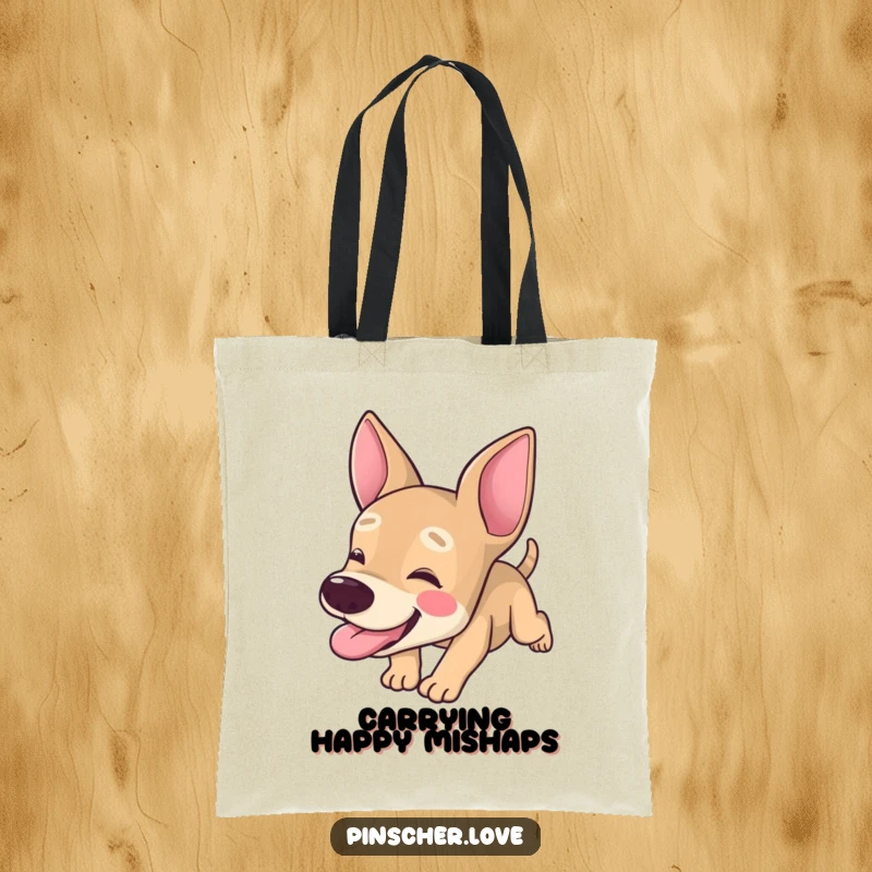 Funny Pinscher tote bag, durable canvas with dog character tumbling forward with its tongue hanging out, goofy pet, gift.