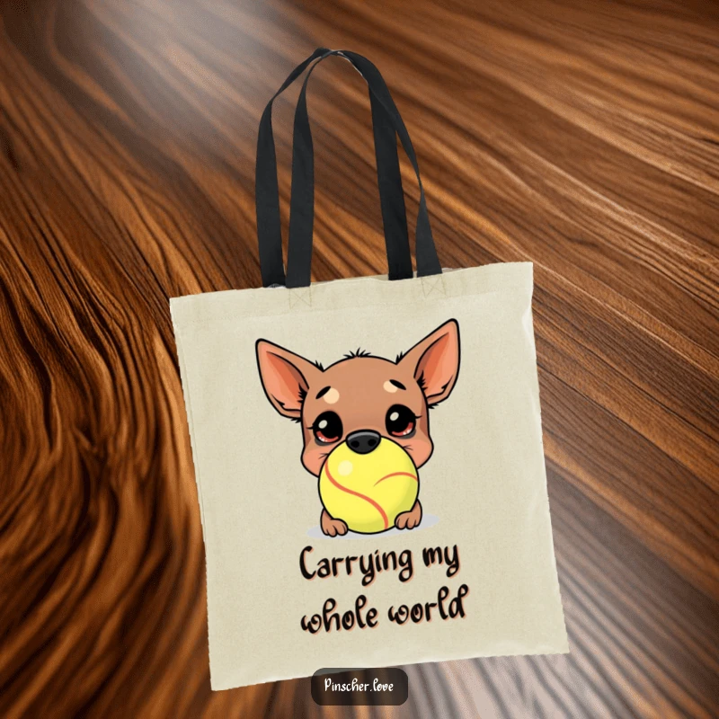 Funny Pinscher Tote Bag: A happy pinscher buries its nose in a comically large tennis ball, showcasing adorable and hilarious canine enthusiasm.