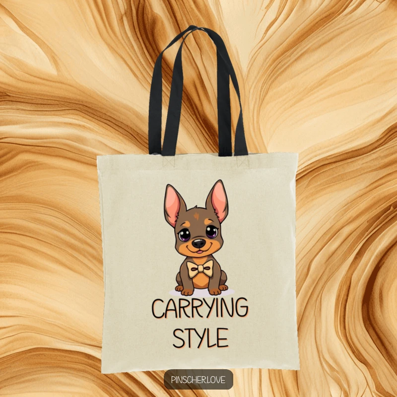 Funny tote bag with a Pinscher dog in a bowtie, posing proudly, stylish and practical, perfect for shopping, great funny gift.