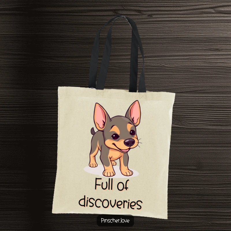 Funny Pinscher tote bag, durable canvas with dog with a determined expression joyfully sniffing the ground, curious pet, gift.
