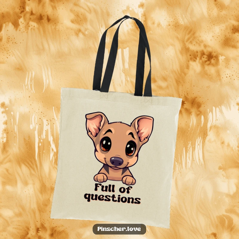 Funny Pinscher tote bag illustrated with a dog's wide, curious eyes and tilted head, capturing a moment of playful wonder.