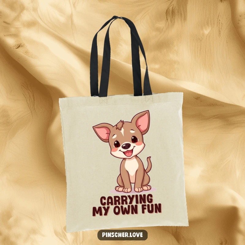 Funny happy pinscher cub tote bag, picturing a small dog in a funny spin with its tail, embodying pure joy. Humorous and practical.