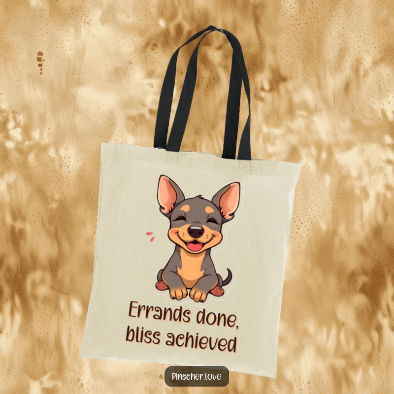Funny Pinscher Tote Bag: A Pinscher rests its head with a happy sigh, perfect for carrying items with relaxing charm.