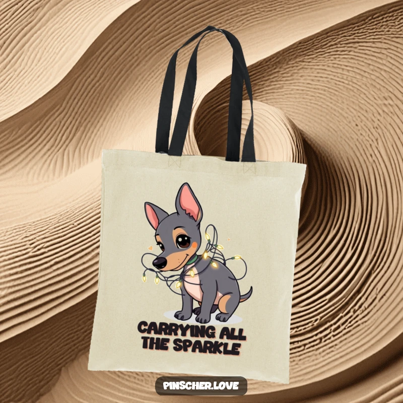 Funny Pinscher tote bag featuring a Pinscher dog playfully tangled in a string of small, glowing fairy lights.