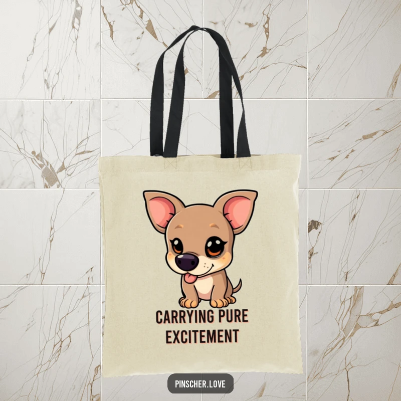 Funny Pinscher Tote Bag - A mischievous pinscher dog with a glint in its eye, wagging its tail vigorously, perfect for carrying essentials with playful humor.