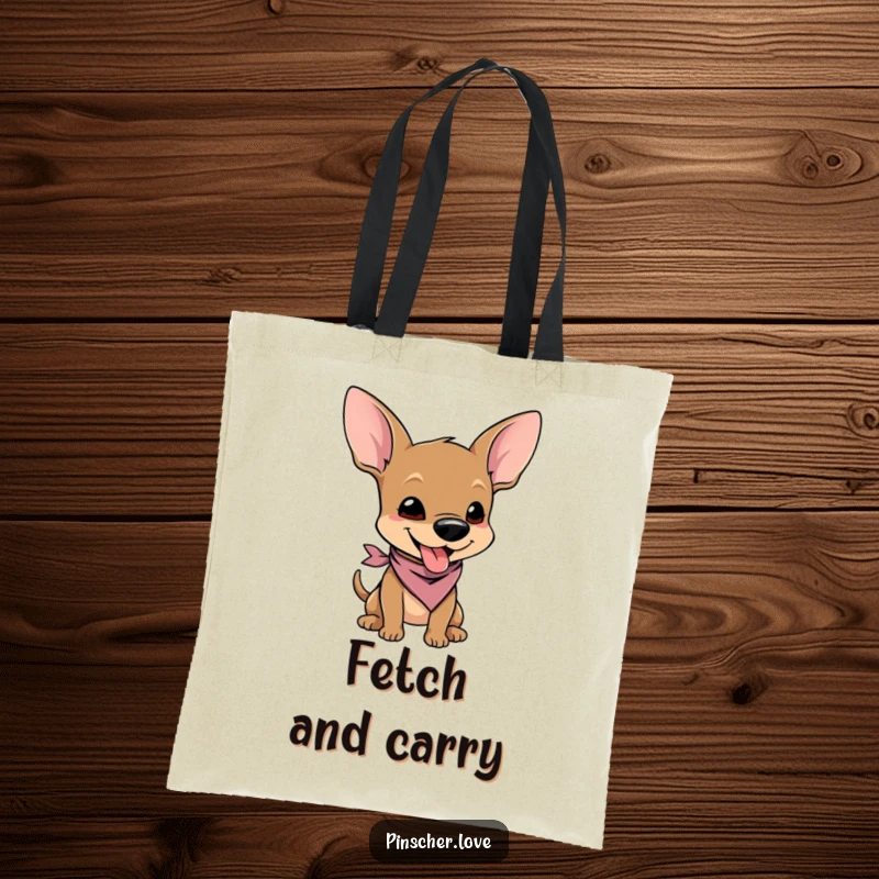 Funny tote bag showcasing a pinscher character in a tiny bandana, wiggling with pure joy and undeniable cuteness.