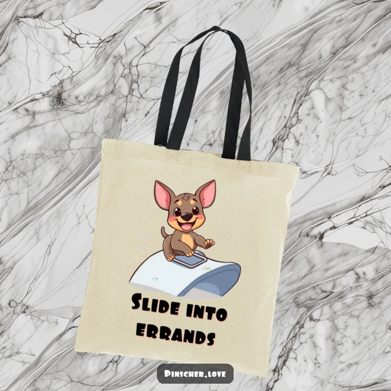 Funny tote bag with a Pinscher dog sliding down a ramp with glee, perfect for shopping and dog-themed humor lovers, great funny gift.