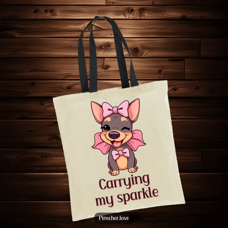 Funny Pinscher Tote Bag: A delighted pinscher wears a large, floppy bow and winks, adding a touch of sass and humor to everyday carry.