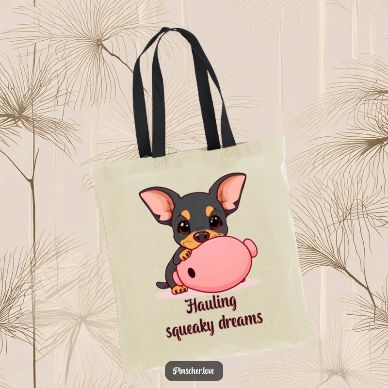 Funny Pinscher tote bag, durable canvas with dog with wide innocent eyes playfully nudging a giant squeaky toy, playful pet, gift.