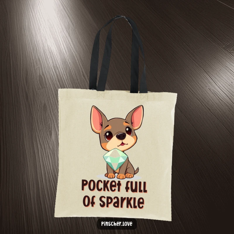 Funny Pinscher Tote Bag showing a dog curiously observing a large, sparkling gemstone, great for carrying treasures.