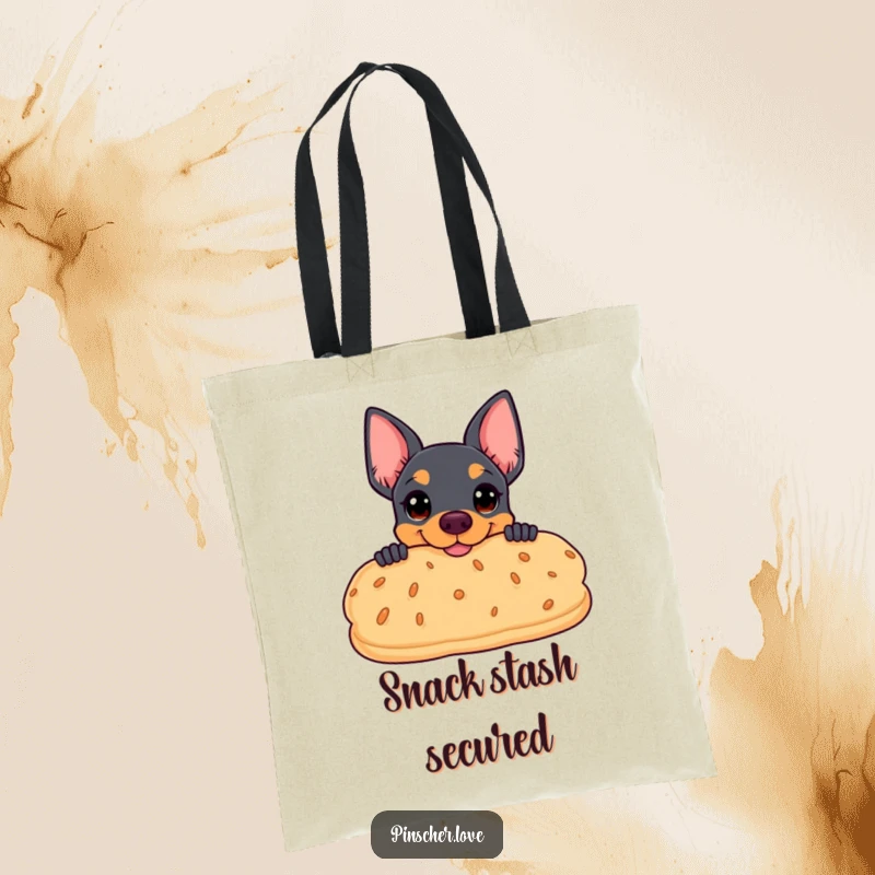 Funny tote bag showcasing a pinscher peeking coyly from behind a large, smiling biscuit, perfect for carrying goodies.