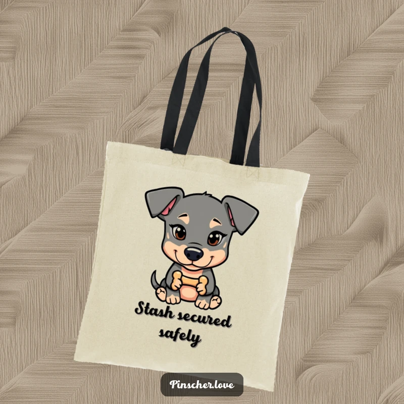 Funny Pinscher Tote Bag: A dog with a mischievous glint holds a tiny bone, signifying playful secrets and quick wit.
